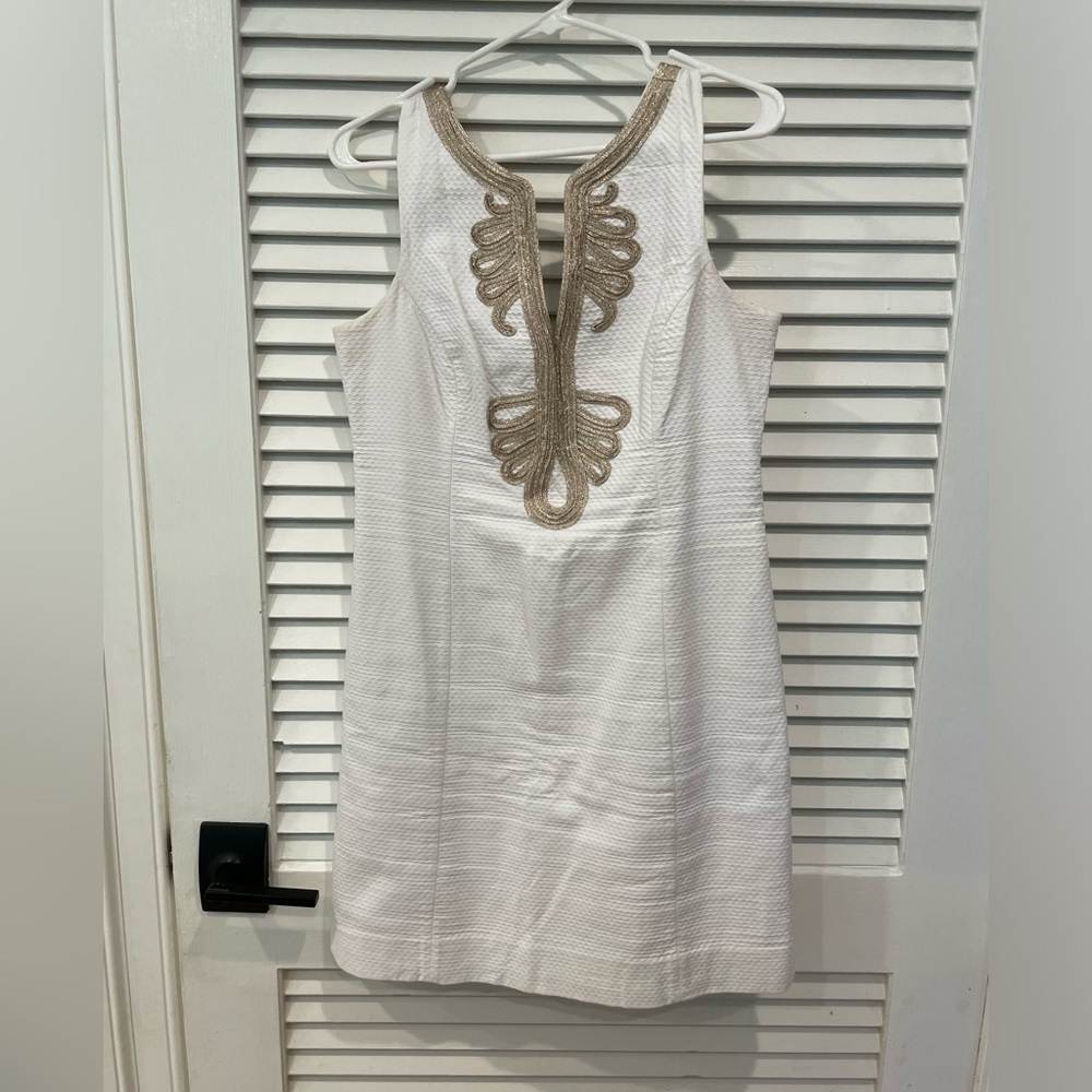 White Lilly Pulitzer dress with gold embroidery detail